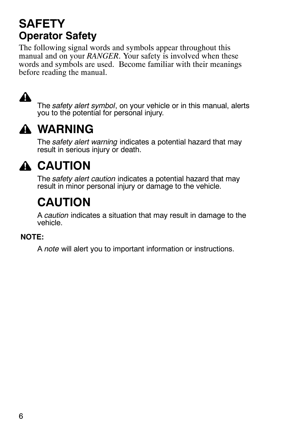 Safety, Warning, Caution | Operator safety | Polaris RANGER XP 4X4 700 EFI User Manual | Page 9 / 122