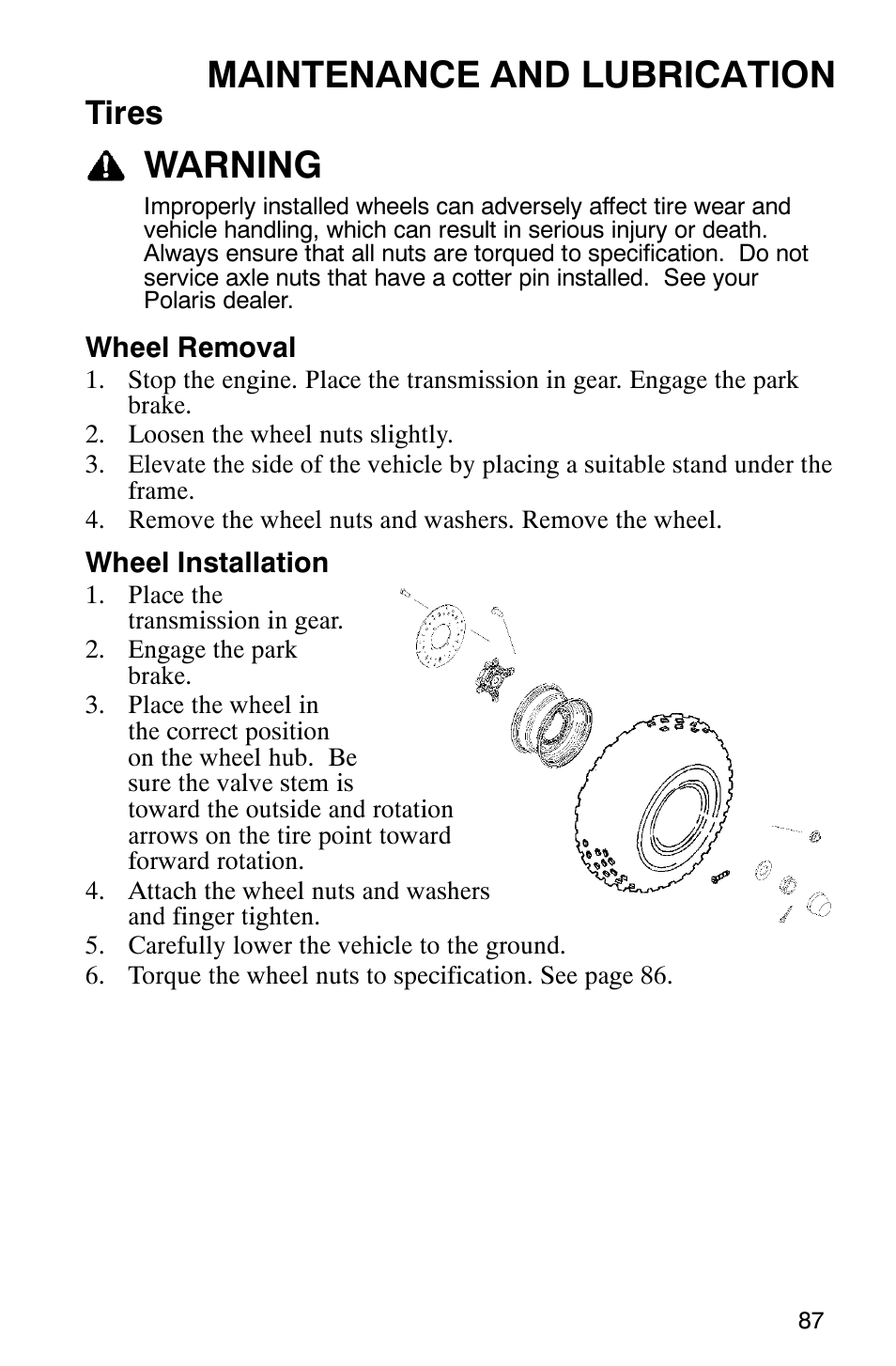 Maintenance and lubrication, Warning, Tires | Polaris RANGER XP 4X4 700 EFI User Manual | Page 90 / 122