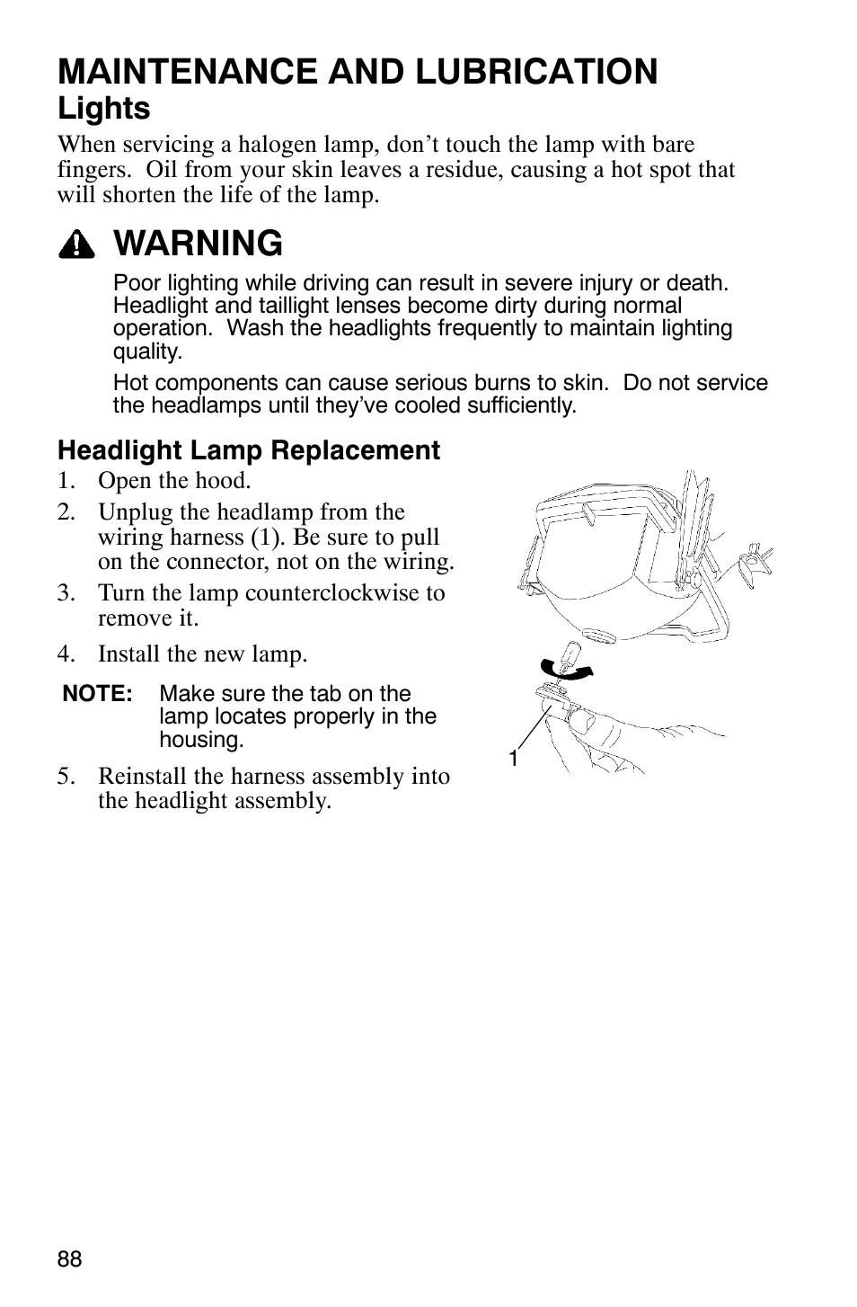 Maintenance and lubrication, Warning, Lights | Polaris RANGER XP 4X4 700 EFI User Manual | Page 91 / 122