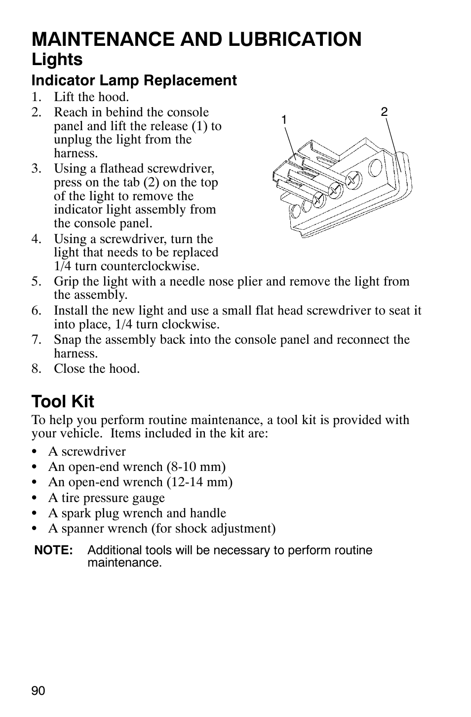 Maintenance and lubrication, Lights, Tool kit | Polaris RANGER XP 4X4 700 EFI User Manual | Page 93 / 122