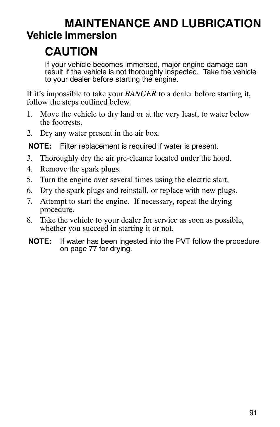 Maintenance and lubrication, Caution, Vehicle immersion | Polaris RANGER XP 4X4 700 EFI User Manual | Page 94 / 122