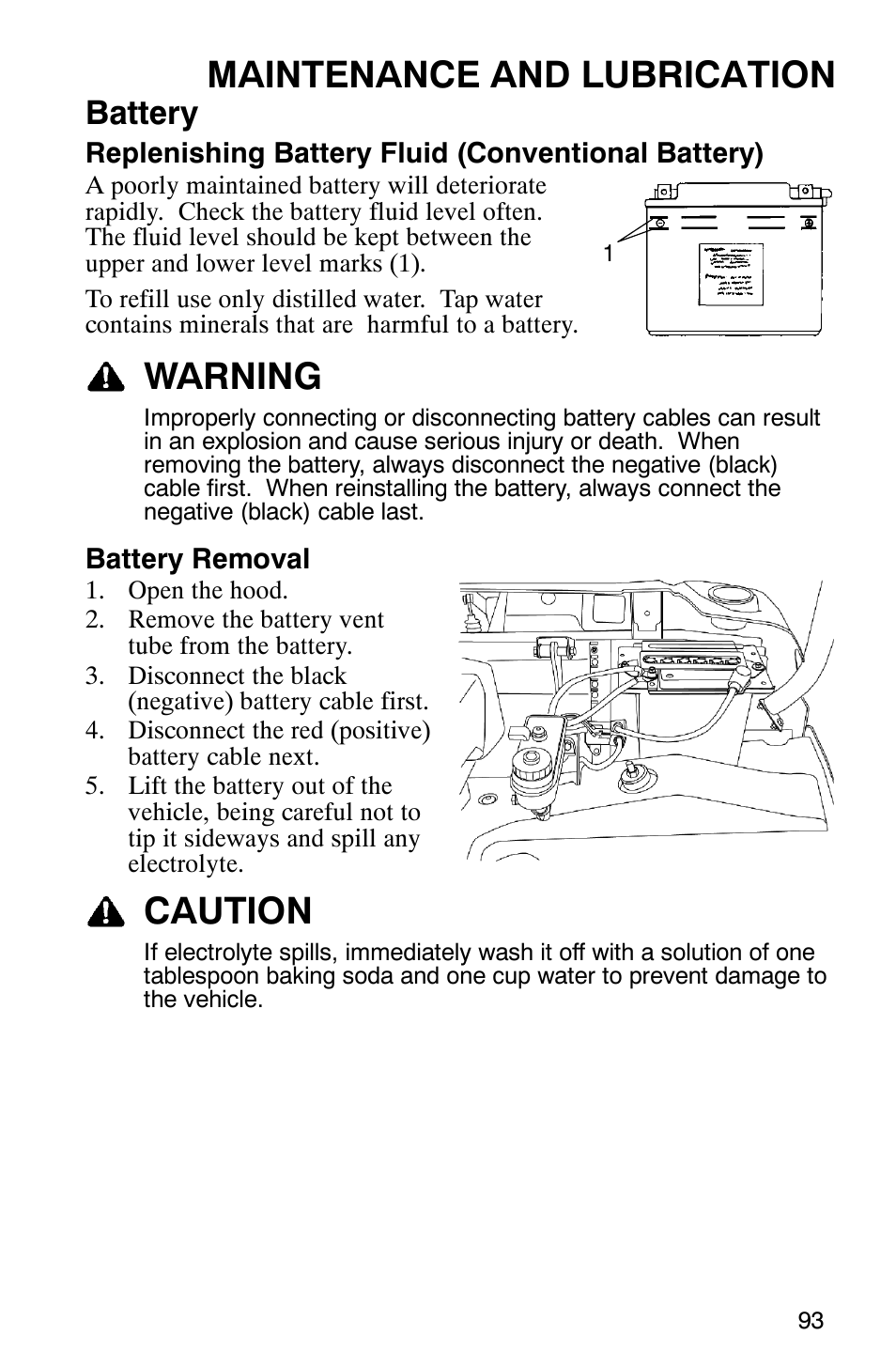 Maintenance and lubrication, Warning, Caution | Battery | Polaris RANGER XP 4X4 700 EFI User Manual | Page 96 / 122