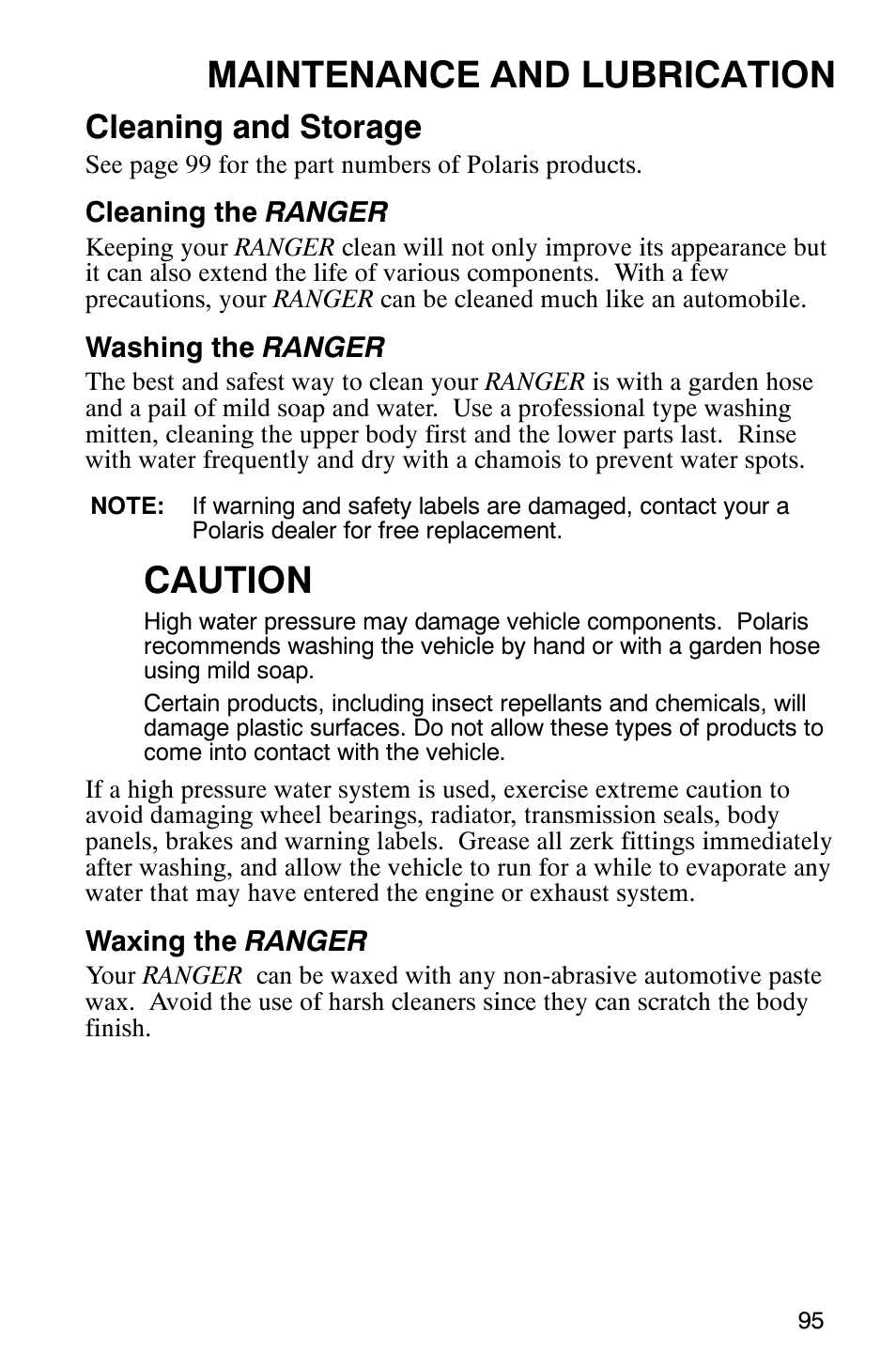 Maintenance and lubrication, Caution, Cleaning and storage | Polaris RANGER XP 4X4 700 EFI User Manual | Page 98 / 122