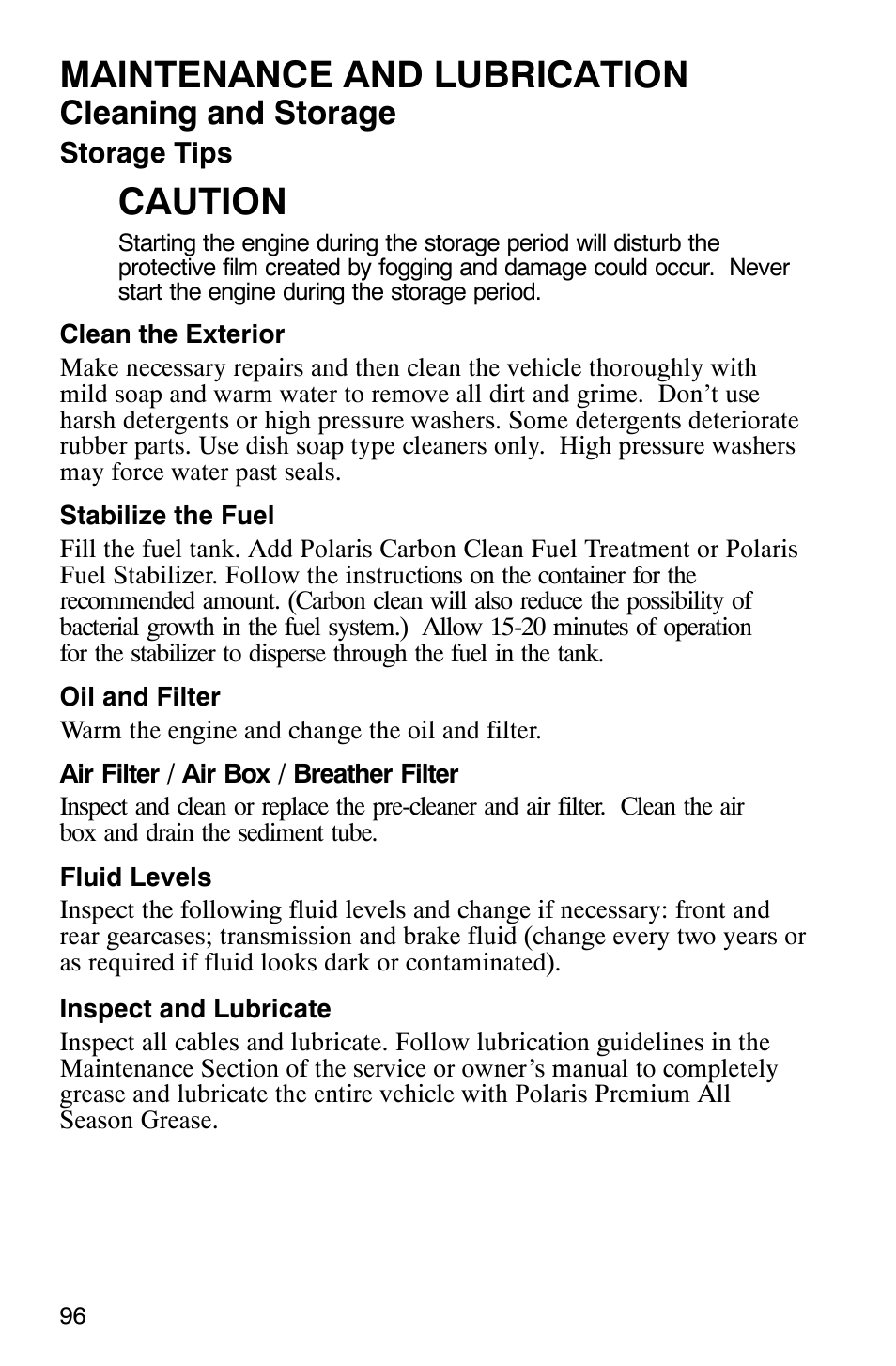 Maintenance and lubrication, Caution, Cleaning and storage | Polaris RANGER XP 4X4 700 EFI User Manual | Page 99 / 122