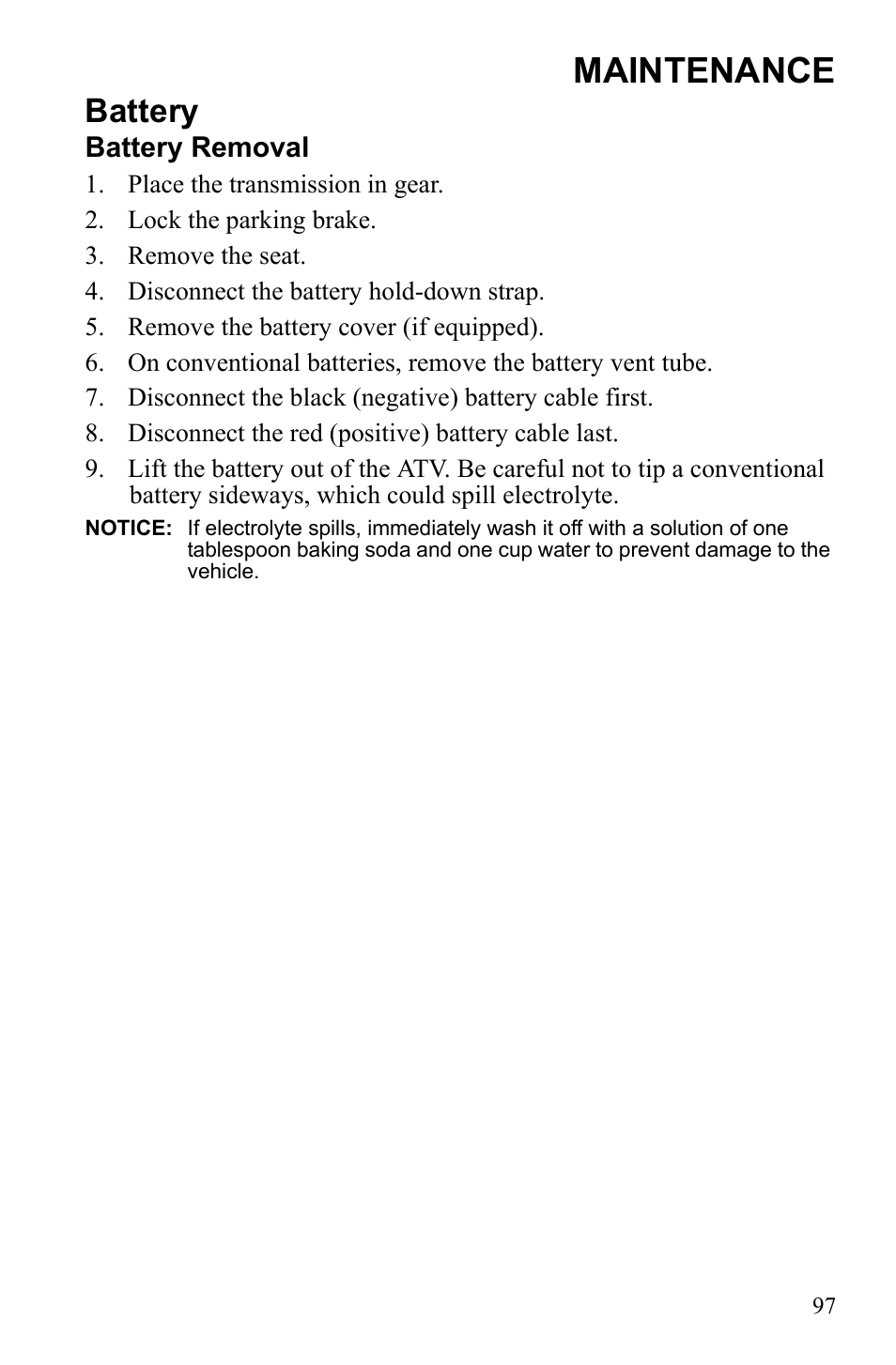 Maintenance, Battery | Polaris Scrambler 9922461 User Manual | Page 101 / 133