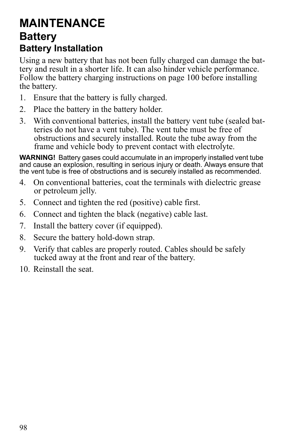 Maintenance, Battery | Polaris Scrambler 9922461 User Manual | Page 102 / 133