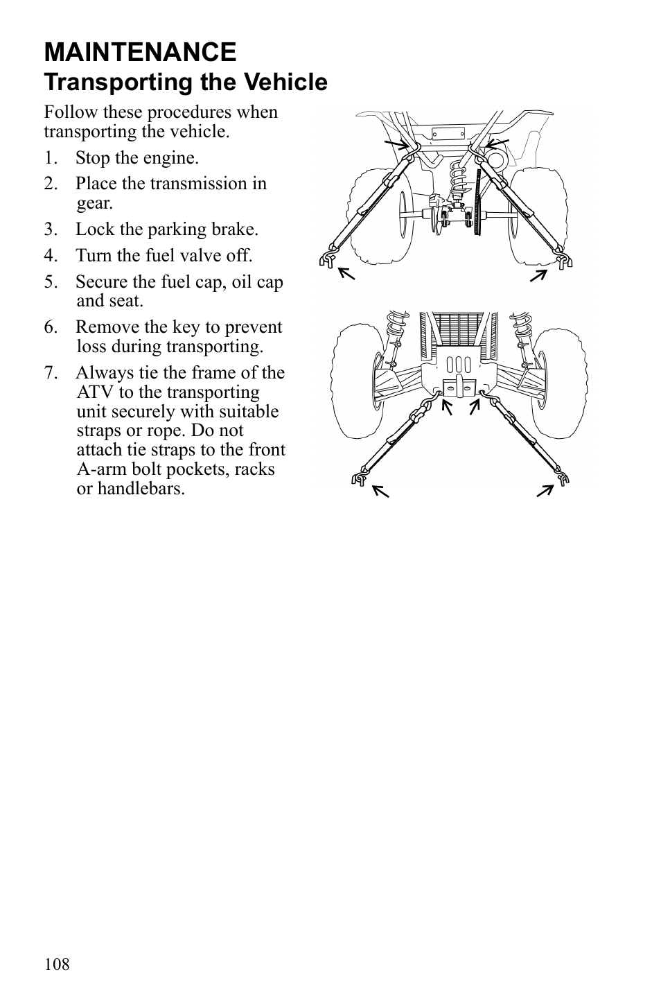 Maintenance, Transporting the vehicle | Polaris Scrambler 9922461 User Manual | Page 112 / 133