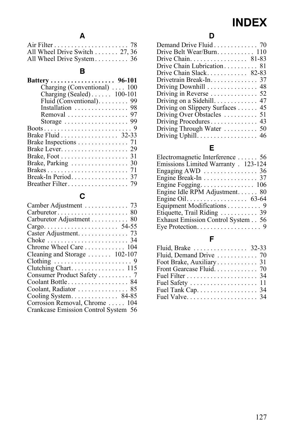 Index | Polaris Scrambler 9922461 User Manual | Page 131 / 133