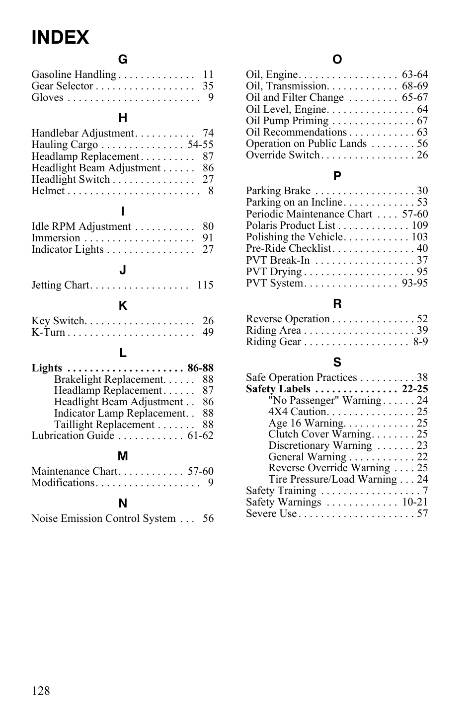 Index | Polaris Scrambler 9922461 User Manual | Page 132 / 133