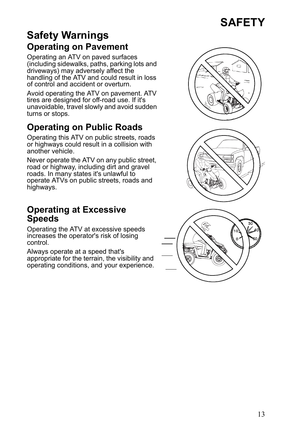 Safety, Safety warnings, Operating on pavement | Operating on public roads, Operating at excessive speeds | Polaris Scrambler 9922461 User Manual | Page 17 / 133