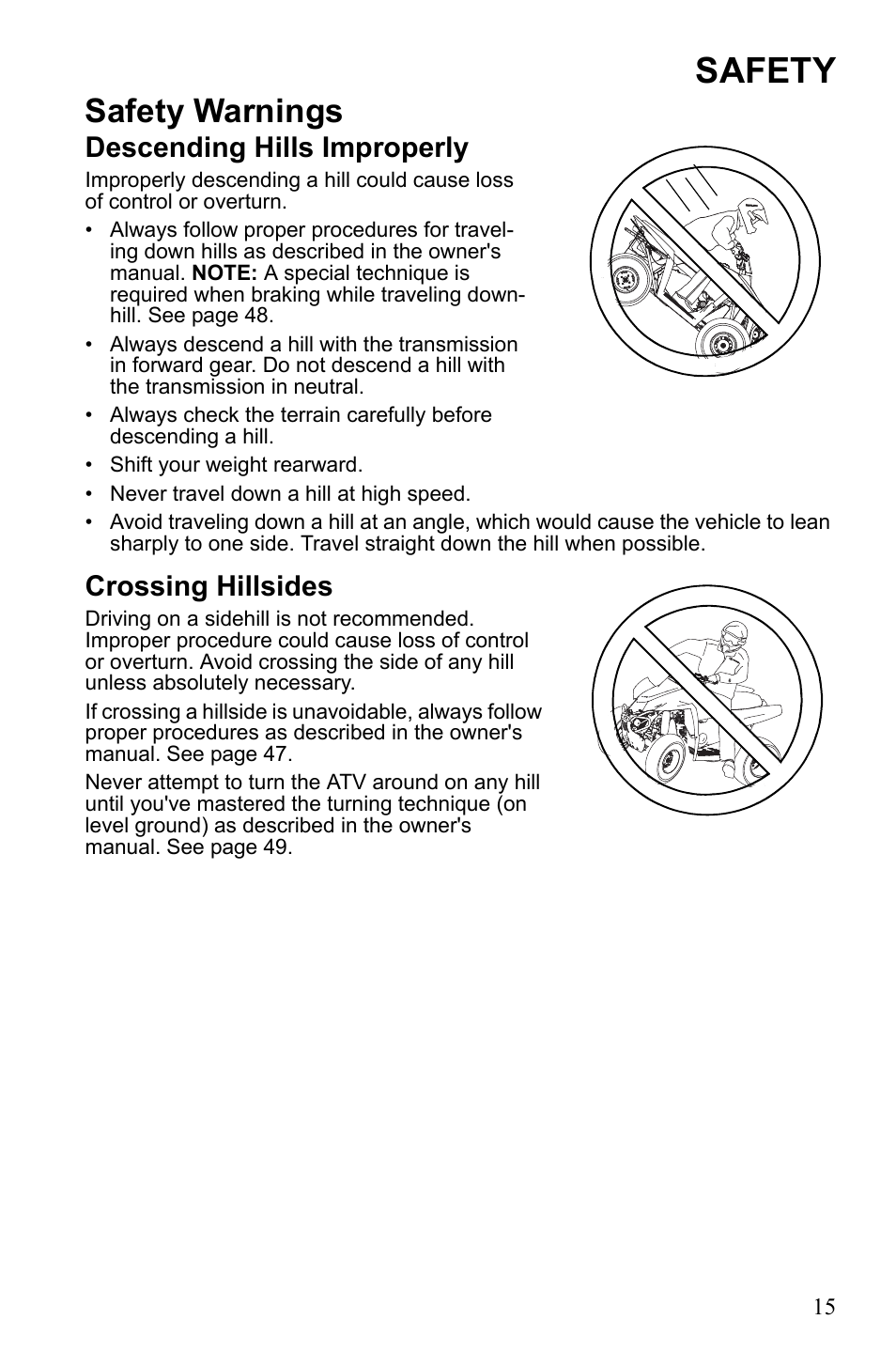 Safety, Safety warnings, Descending hills improperly | Crossing hillsides | Polaris Scrambler 9922461 User Manual | Page 19 / 133