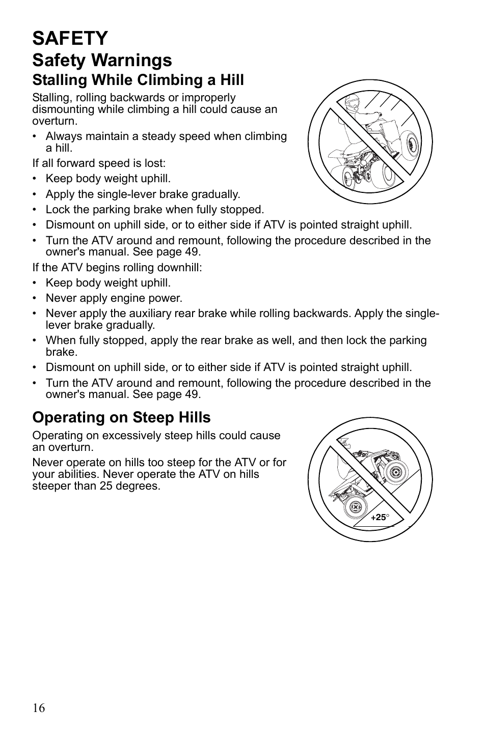 Safety, Safety warnings, Stalling while climbing a hill | Operating on steep hills | Polaris Scrambler 9922461 User Manual | Page 20 / 133