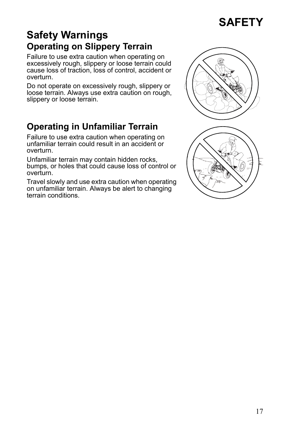 Safety, Safety warnings, Operating on slippery terrain | Operating in unfamiliar terrain | Polaris Scrambler 9922461 User Manual | Page 21 / 133