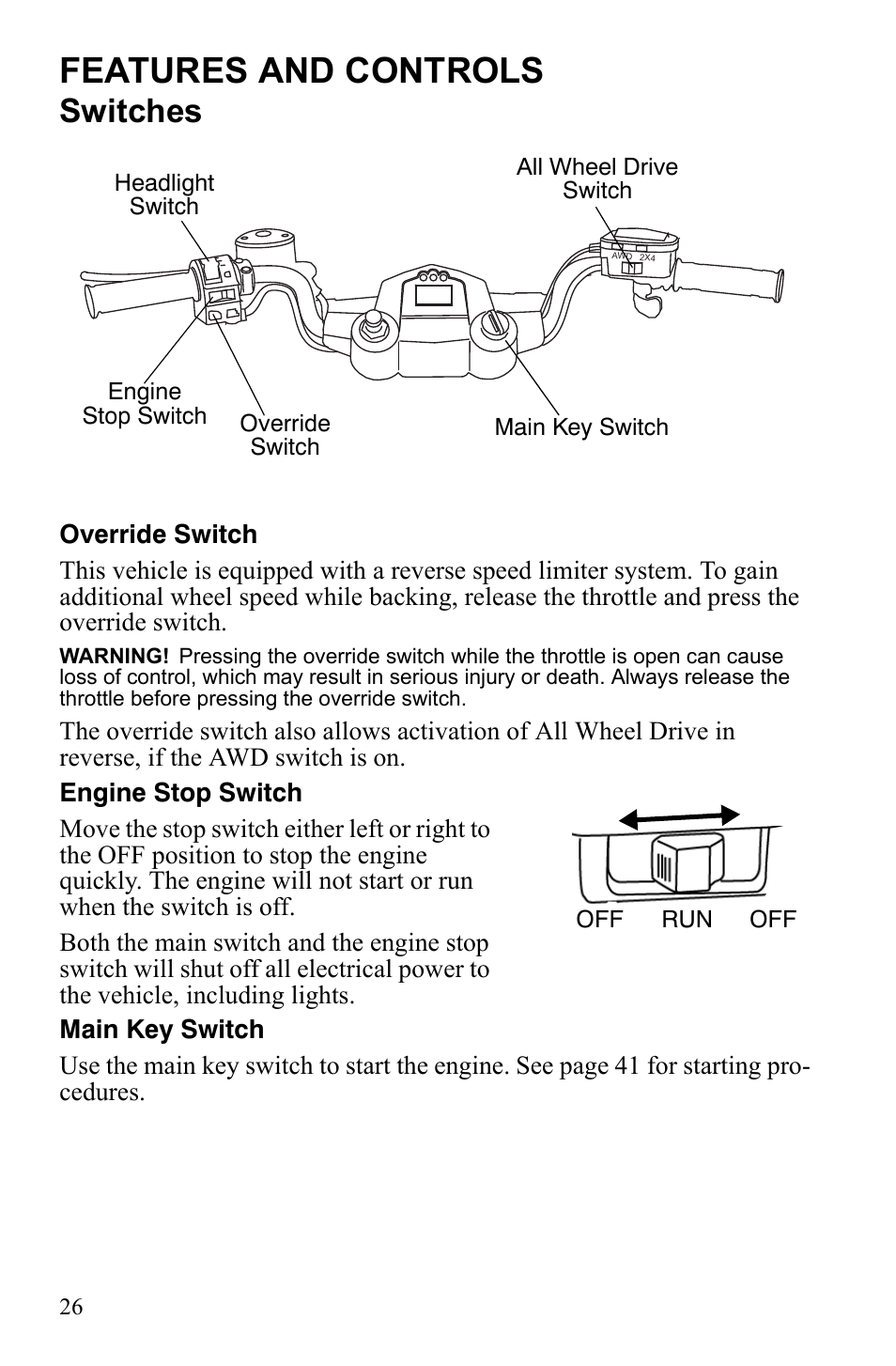 Features and controls, Switches | Polaris Scrambler 9922461 User Manual | Page 30 / 133