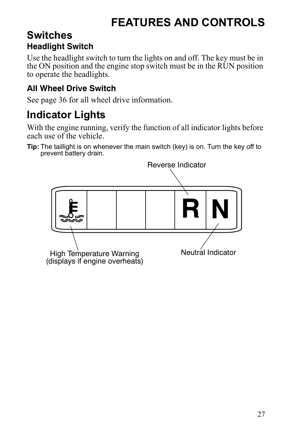 Features and controls, Switches, Indicator lights | Polaris Scrambler 9922461 User Manual | Page 31 / 133