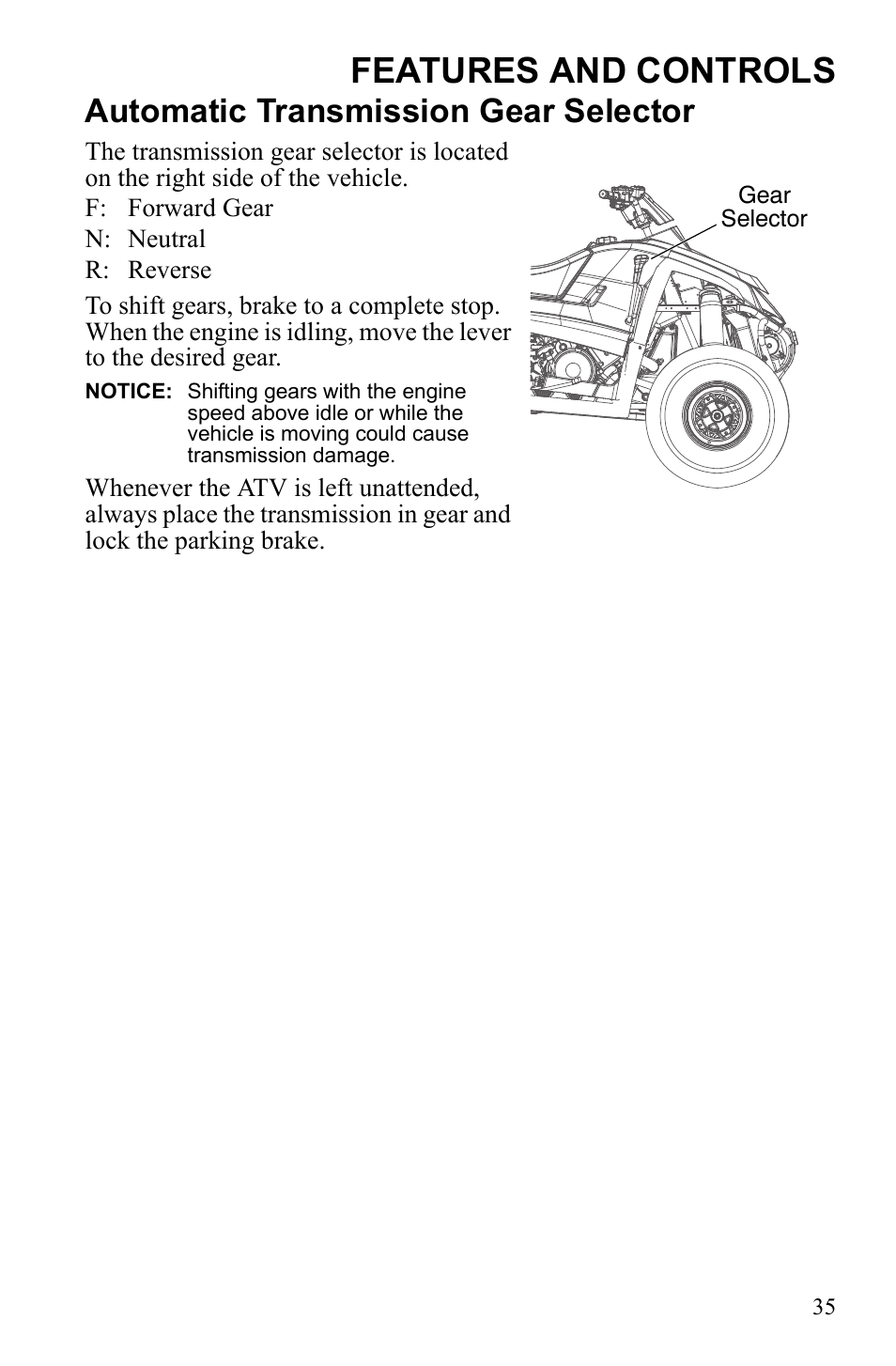 Features and controls, Automatic transmission gear selector | Polaris Scrambler 9922461 User Manual | Page 39 / 133