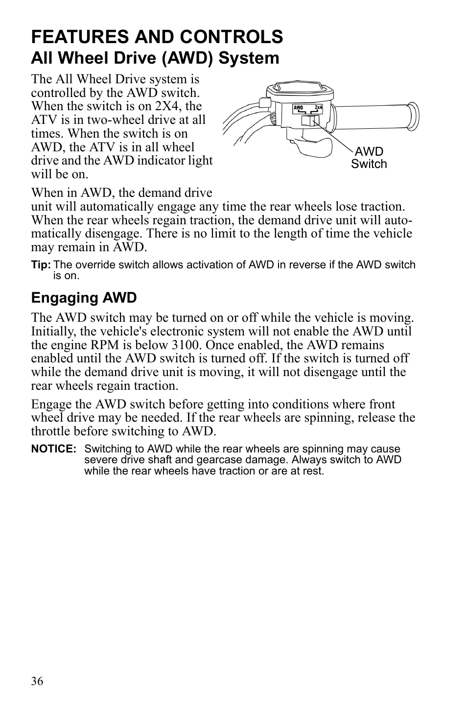 Features and controls, All wheel drive (awd) system | Polaris Scrambler 9922461 User Manual | Page 40 / 133