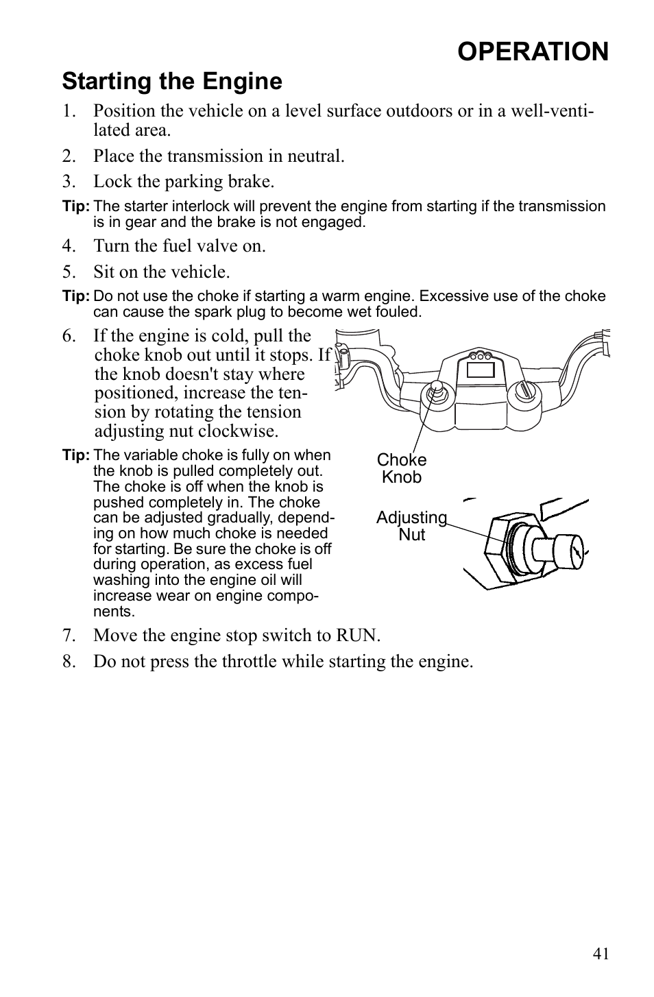 Operation, Starting the engine | Polaris Scrambler 9922461 User Manual | Page 45 / 133