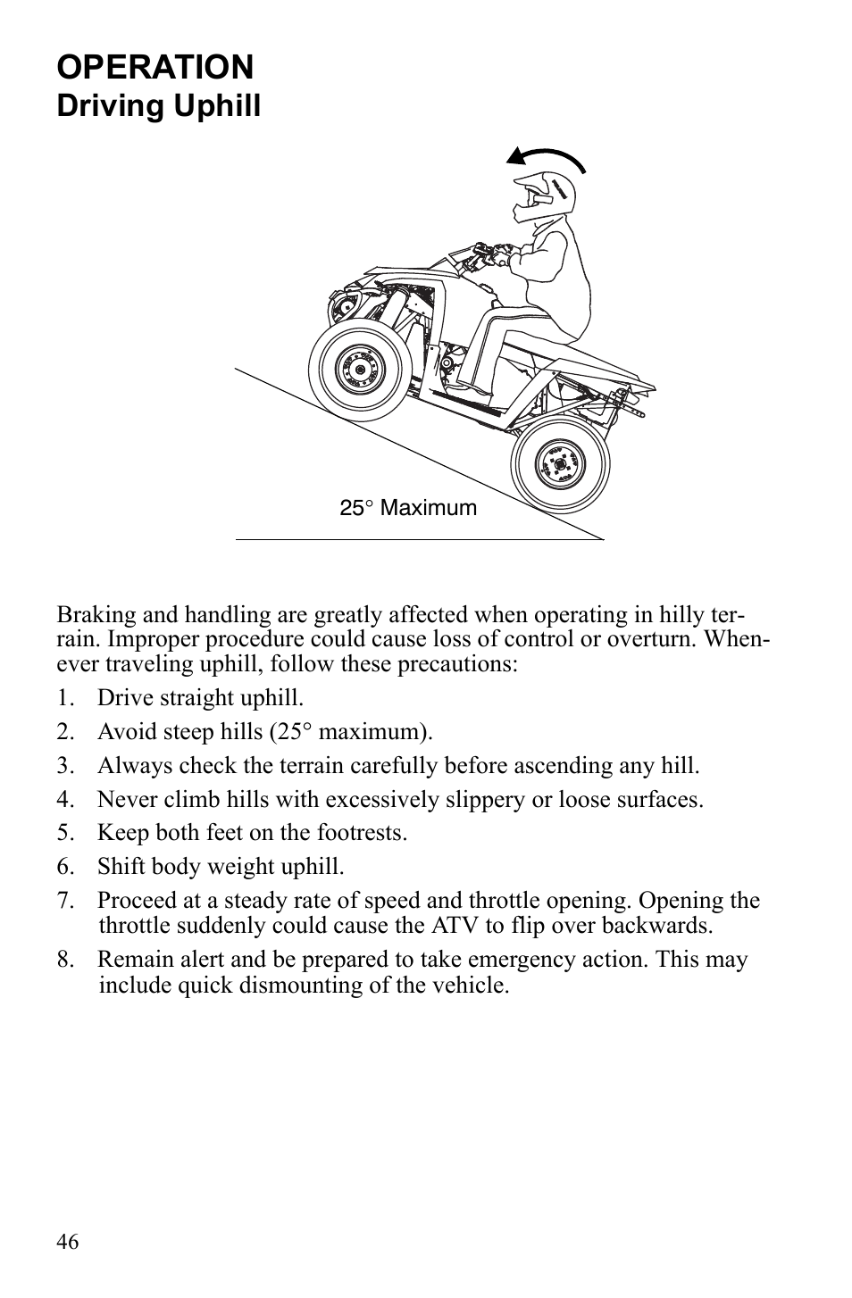 Operation, Driving uphill | Polaris Scrambler 9922461 User Manual | Page 50 / 133