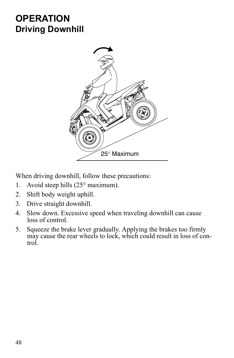 Operation, Driving downhill | Polaris Scrambler 9922461 User Manual | Page 52 / 133