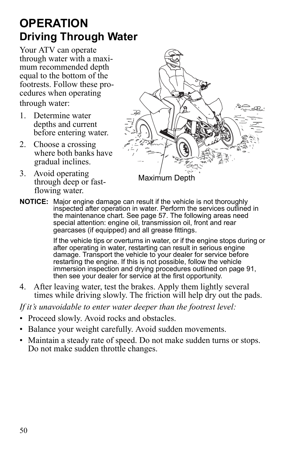 Operation, Driving through water | Polaris Scrambler 9922461 User Manual | Page 54 / 133