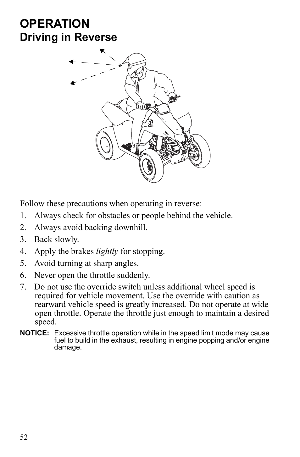 Operation, Driving in reverse | Polaris Scrambler 9922461 User Manual | Page 56 / 133