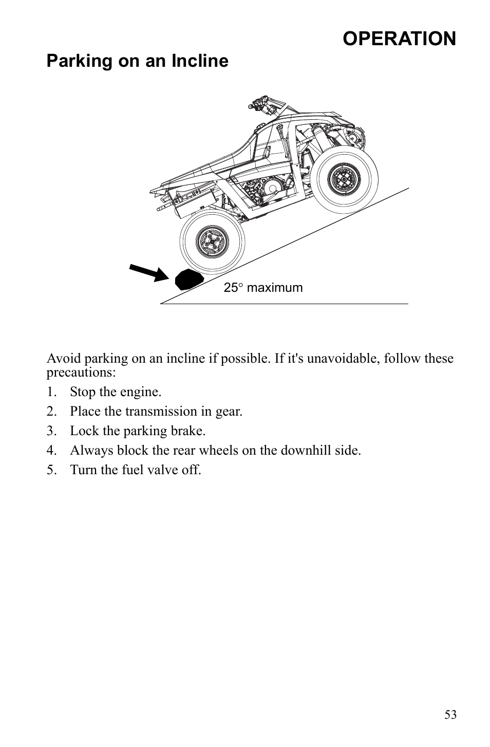 Operation, Parking on an incline | Polaris Scrambler 9922461 User Manual | Page 57 / 133