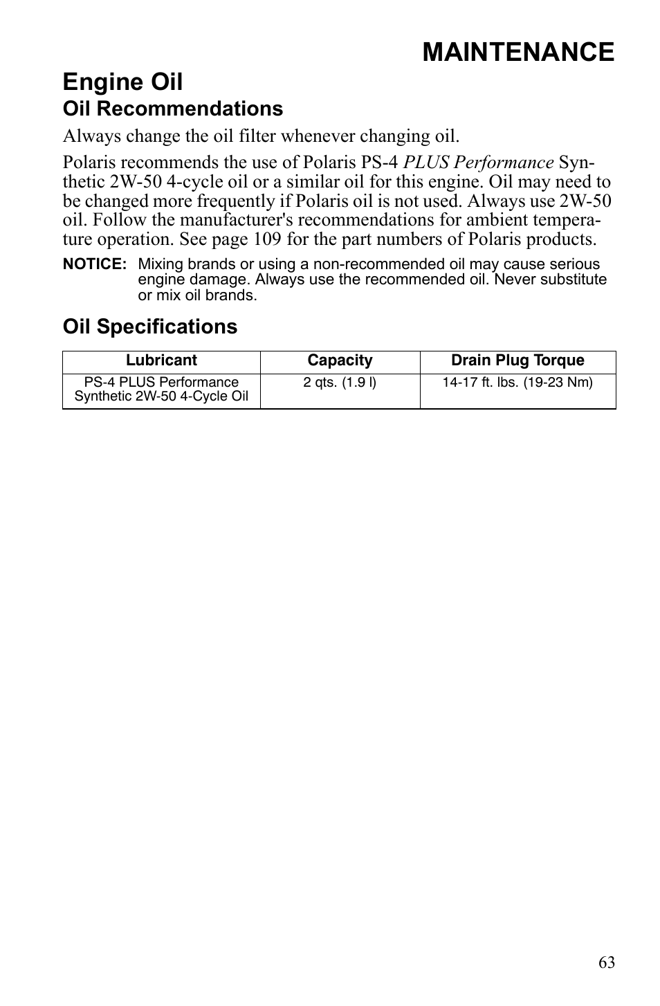 Maintenance, Engine oil, Oil recommendations | Oil specifications | Polaris Scrambler 9922461 User Manual | Page 67 / 133