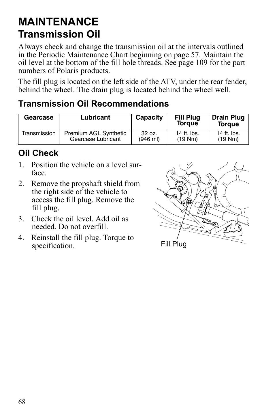 Maintenance, Transmission oil, Transmission oil recommendations oil check | Polaris Scrambler 9922461 User Manual | Page 72 / 133