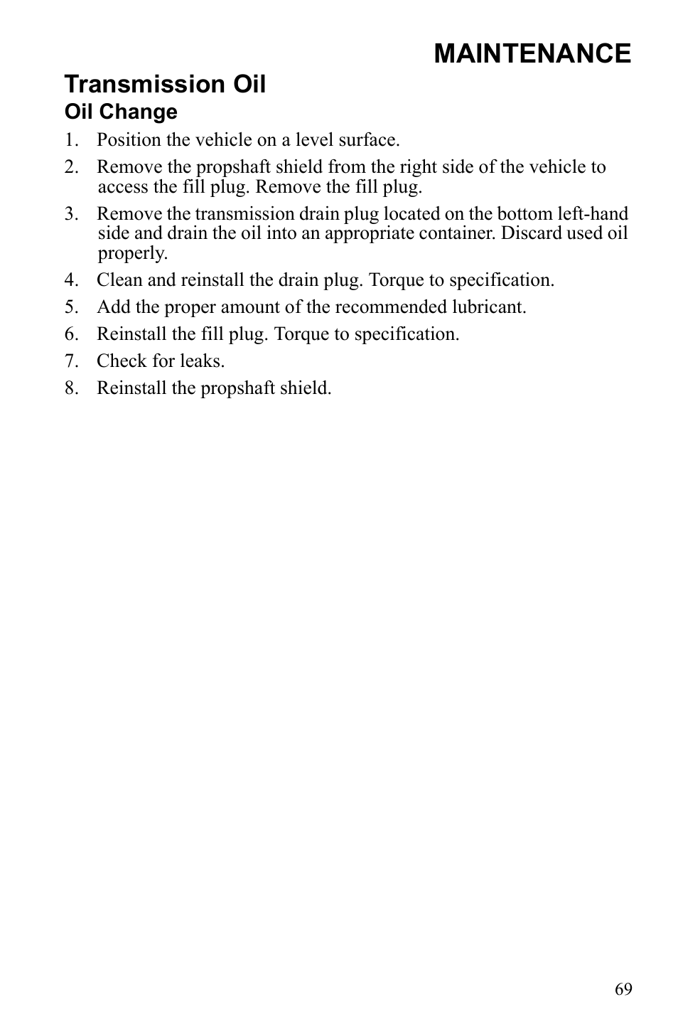 Maintenance, Transmission oil | Polaris Scrambler 9922461 User Manual | Page 73 / 133