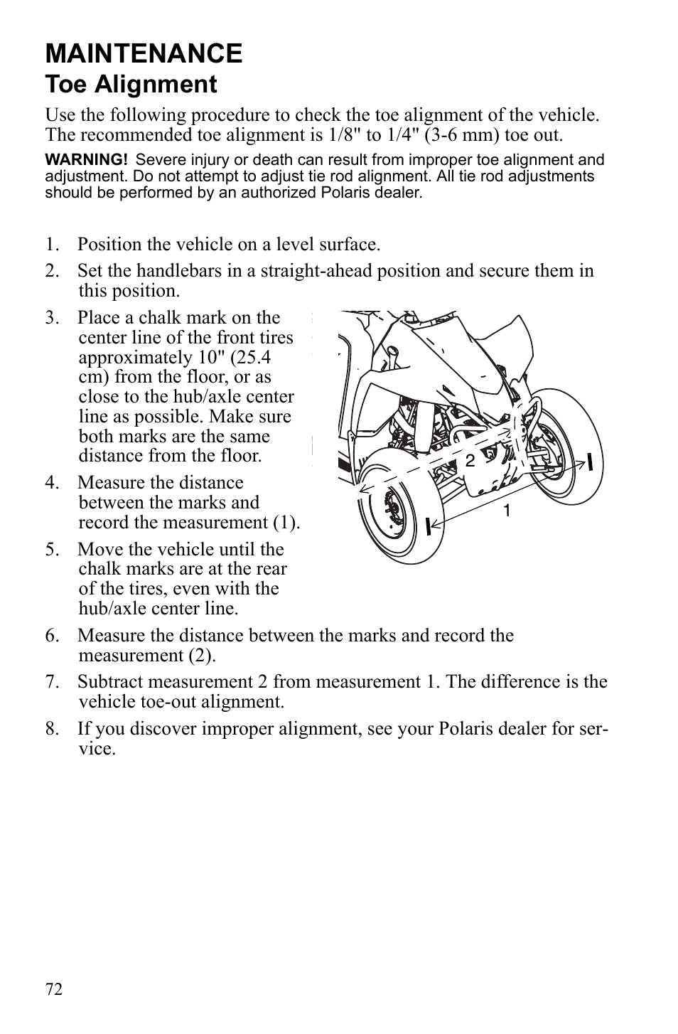 Maintenance, Toe alignment | Polaris Scrambler 9922461 User Manual | Page 76 / 133
