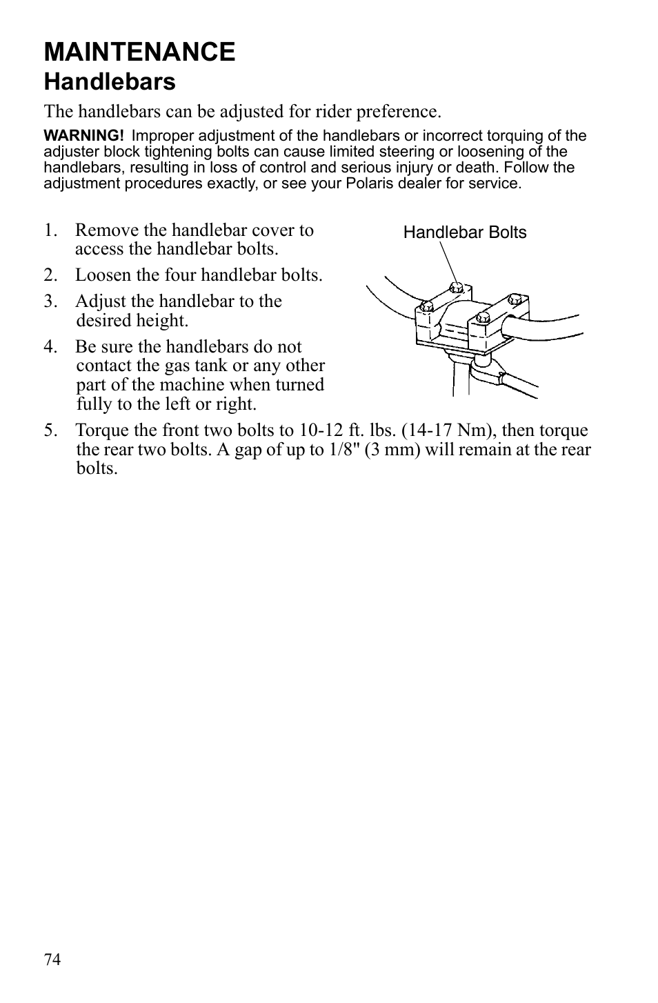 Maintenance, Handlebars | Polaris Scrambler 9922461 User Manual | Page 78 / 133