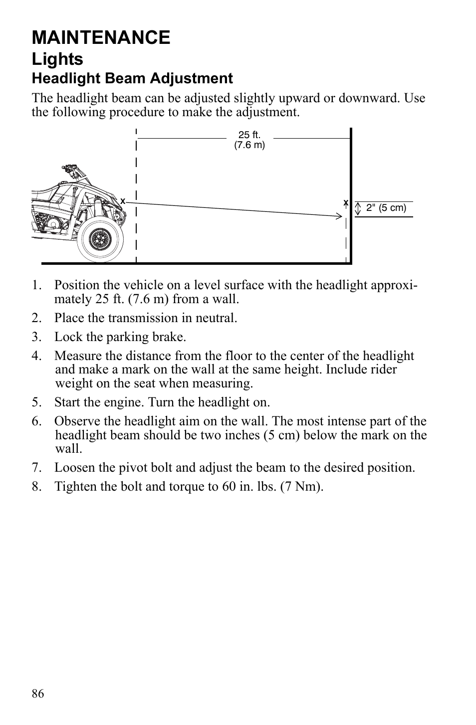 Maintenance, Lights, Headlight beam adjustment | Polaris Scrambler 9922461 User Manual | Page 90 / 133