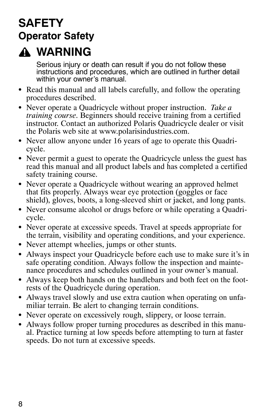 Safety, Warning, Operator safety | Polaris Scrambler 9921620 User Manual | Page 10 / 124