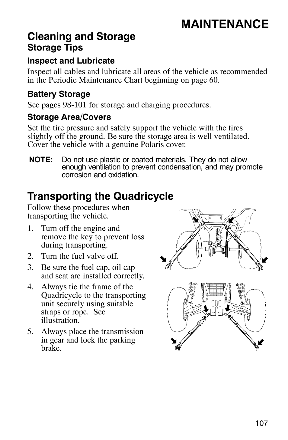 Maintenance, Cleaning and storage, Transporting the quadricycle | Polaris Scrambler 9921620 User Manual | Page 109 / 124