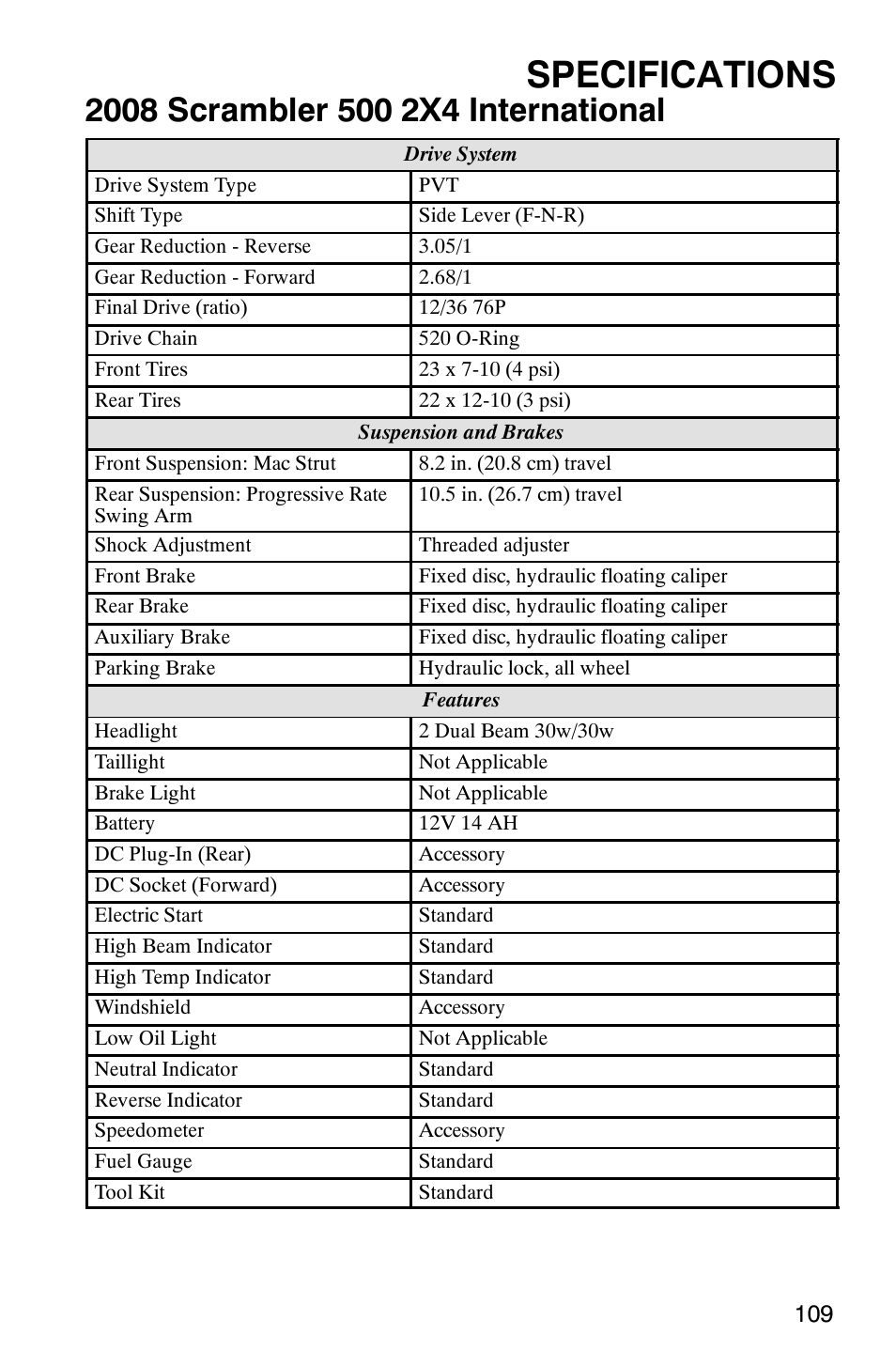 Specifications | Polaris Scrambler 9921620 User Manual | Page 111 / 124