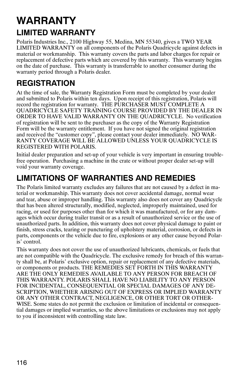 Warranty, Limited warranty, Registration | Limitations of warranties and remedies | Polaris Scrambler 9921620 User Manual | Page 118 / 124