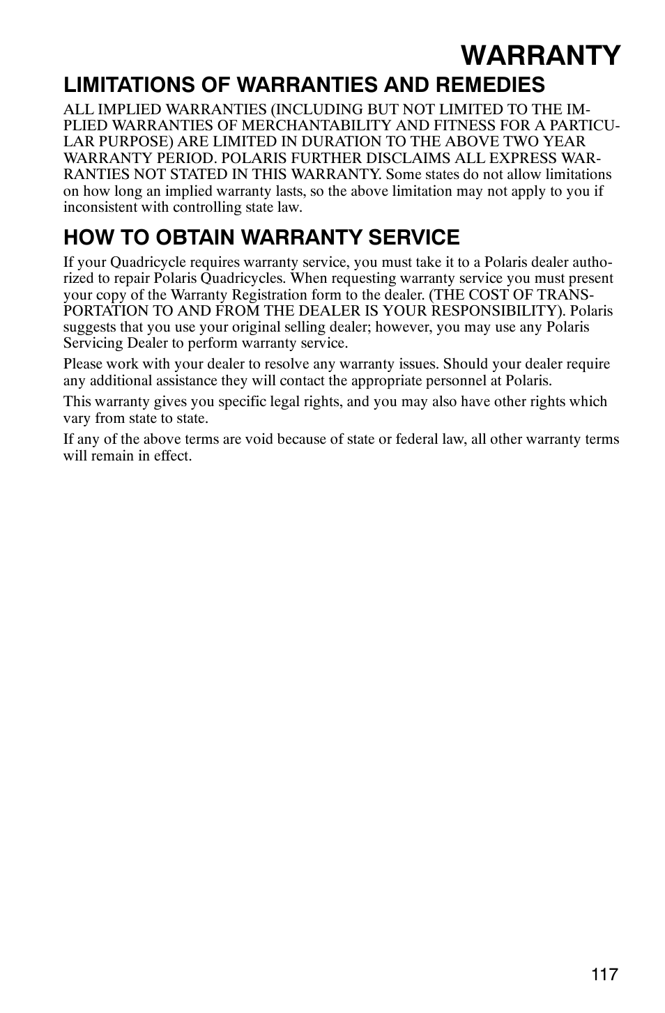 Warranty, Limitations of warranties and remedies, How to obtain warranty service | Polaris Scrambler 9921620 User Manual | Page 119 / 124