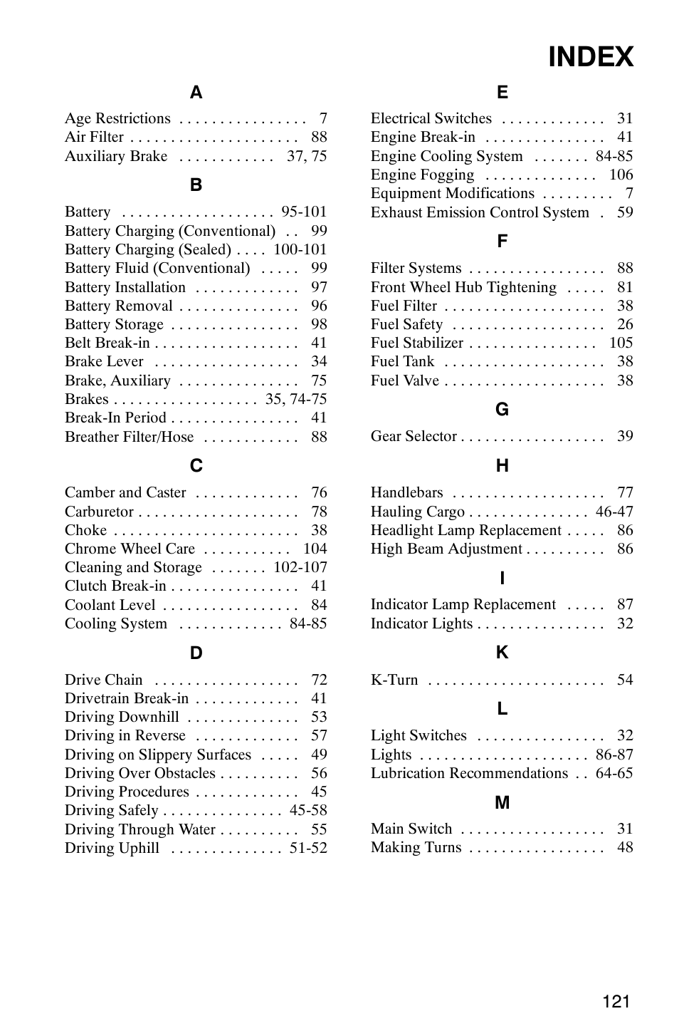 Index | Polaris Scrambler 9921620 User Manual | Page 123 / 124