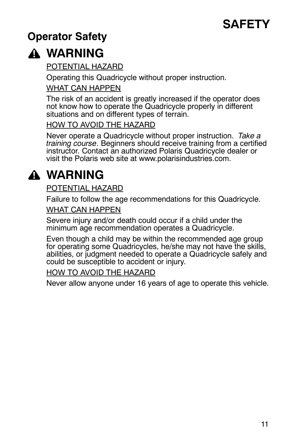 Safety, Warning, Operator safety | Polaris Scrambler 9921620 User Manual | Page 13 / 124