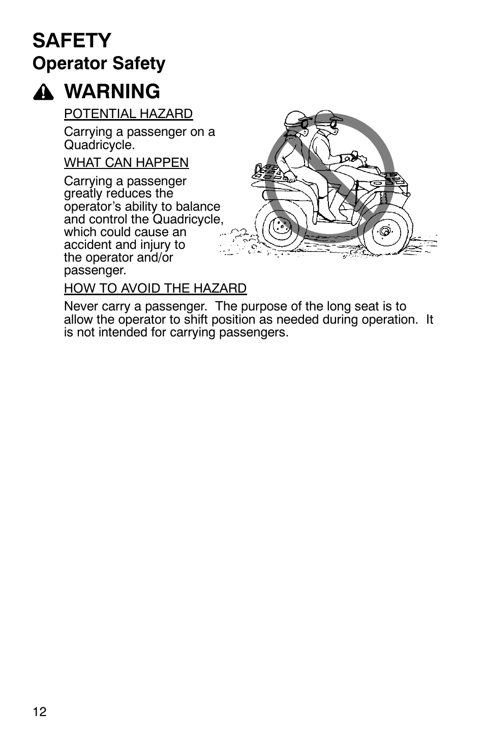 Safety, Warning, Operator safety | Polaris Scrambler 9921620 User Manual | Page 14 / 124