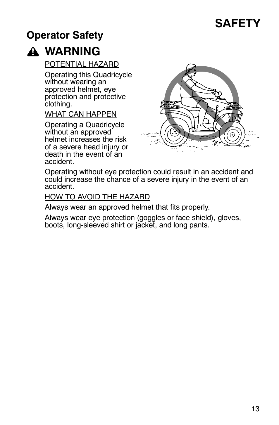 Safety, Warning, Operator safety | Polaris Scrambler 9921620 User Manual | Page 15 / 124