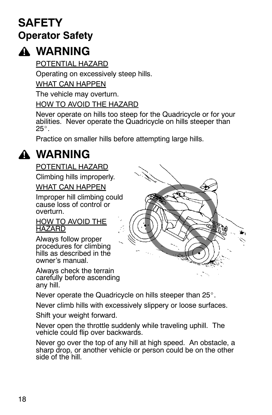 Safety, Warning, Operator safety | Polaris Scrambler 9921620 User Manual | Page 20 / 124