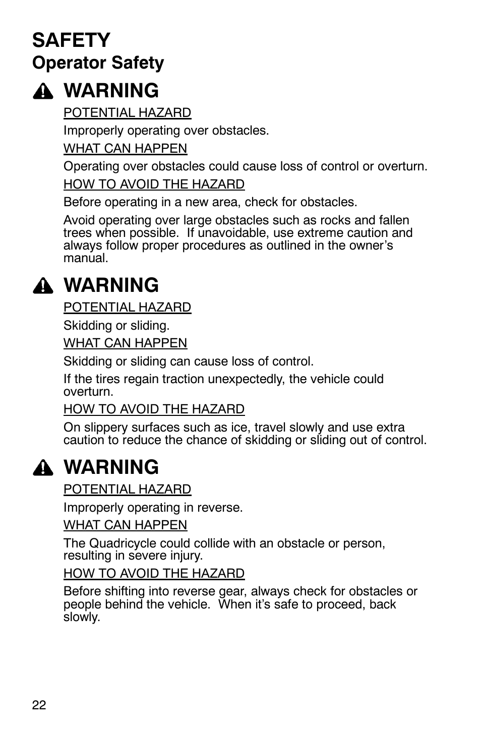 Safety, Warning, Operator safety | Polaris Scrambler 9921620 User Manual | Page 24 / 124