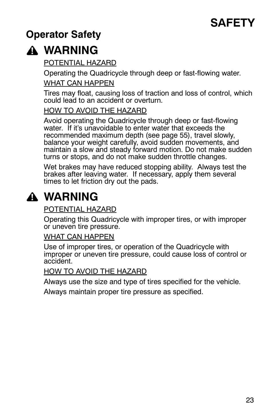 Safety, Warning, Operator safety | Polaris Scrambler 9921620 User Manual | Page 25 / 124