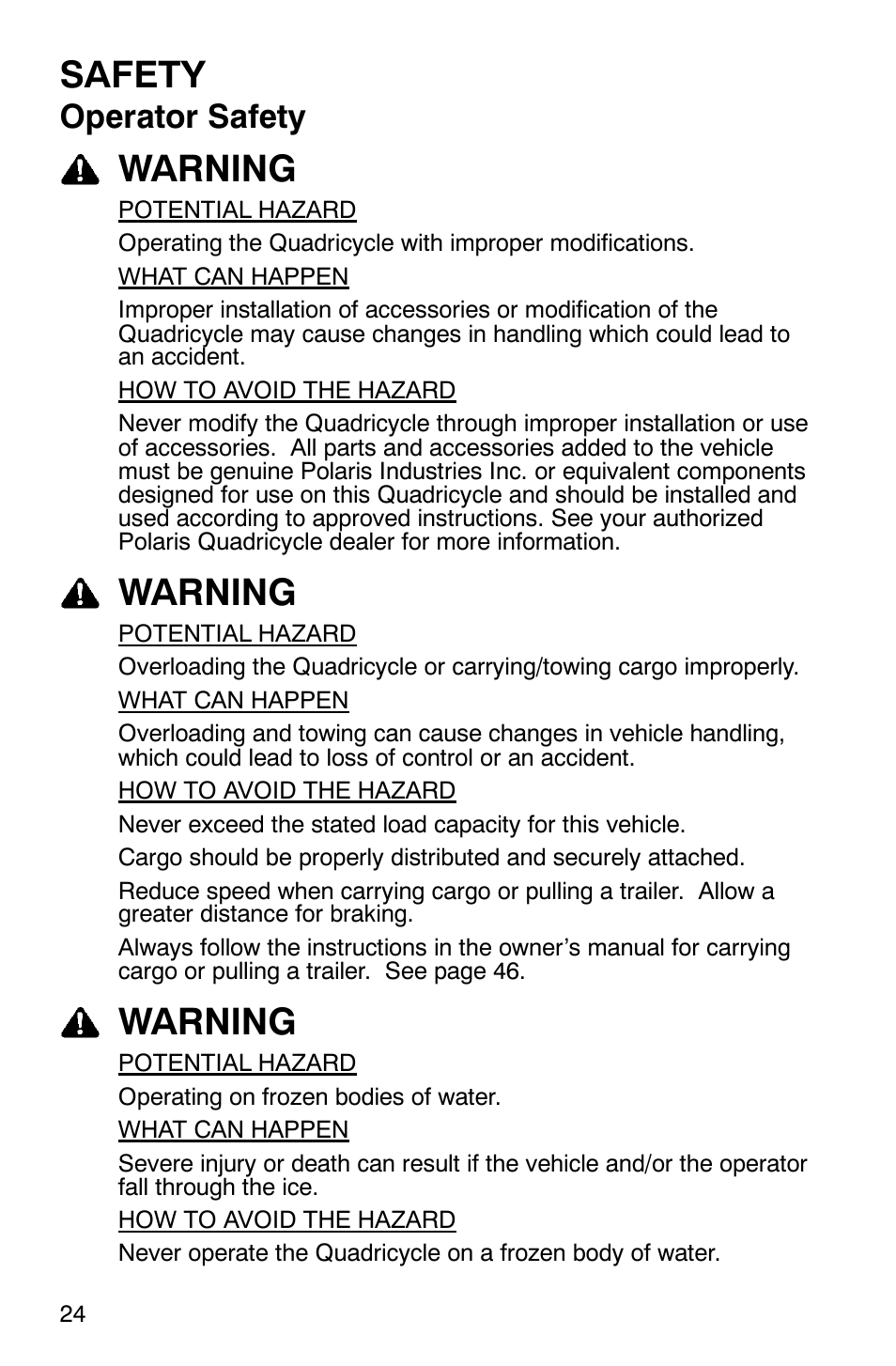 Safety, Warning, Operator safety | Polaris Scrambler 9921620 User Manual | Page 26 / 124