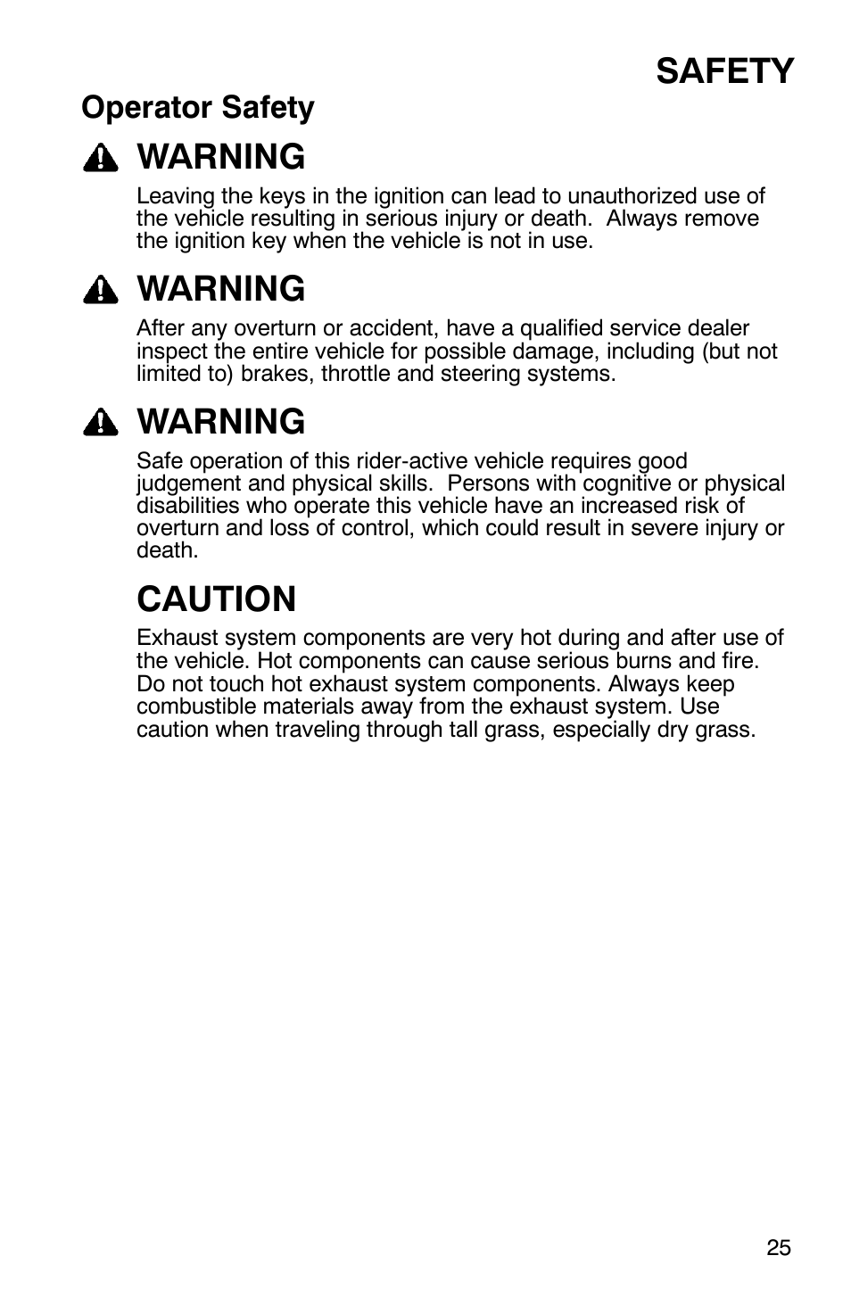 Safety, Warning, Caution | Operator safety | Polaris Scrambler 9921620 User Manual | Page 27 / 124