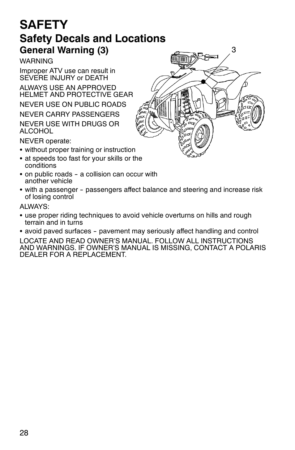 Safety, Safety decals and locations, General warning (3) | Polaris Scrambler 9921620 User Manual | Page 30 / 124