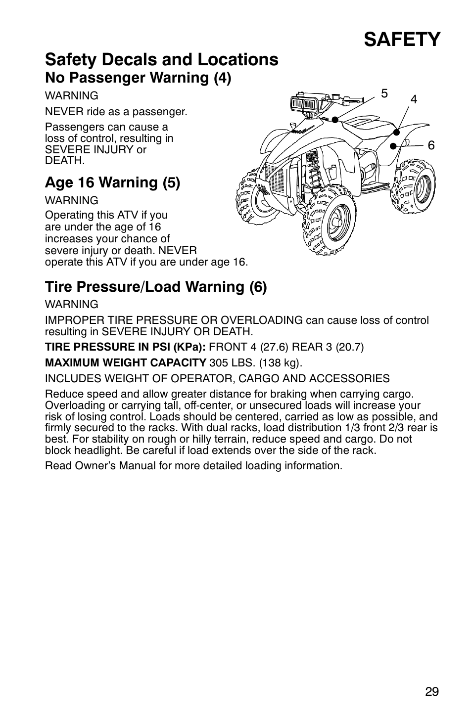 Safety, Safety decals and locations, No passenger warning (4) | Age 16 warning (5), Tire pressure/load warning (6) | Polaris Scrambler 9921620 User Manual | Page 31 / 124