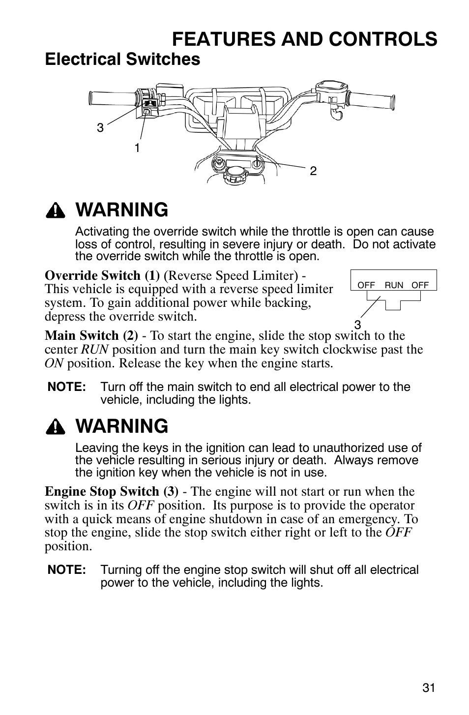 Features and controls, Warning, Electrical switches | Polaris Scrambler 9921620 User Manual | Page 33 / 124